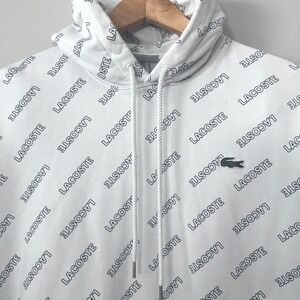 Lacoste LIVE Hoodie Mens Medium White All Over Logo Print Pullover Sweatshirt